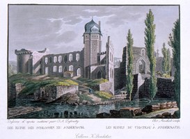 Foto van afbeelding oude Baedeker-reisgids (Schloss Andernach, ca. 1830) Foto van afbeelding oude Baedeker-reisgids (Schloss Andernach, ca. 1830)