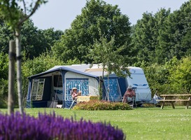 Normal_kamperen__caravan__lezen__zomer__buiten__gras__bomen__picknicktafel__bloemen