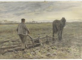 Anton Mauve, Aan de ploeg, circa 1880, waterverf op papier, Singer Laren, legaat Ralph J.A. de Jong-Mellon (beeld via persbericht Singer Laren) Anton Mauve, Aan de ploeg, circa 1880, waterverf op papier, Singer Laren, legaat Ralph J.A. de Jong-Mellon (beeld via persbericht Singer Laren)