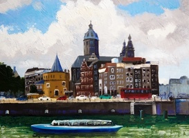 Zicht op Amsterdam, schilderij van Marcel de Jong - beeld via provincie Noord-Holland Zicht op Amsterdam, schilderij van Marcel de Jong - beeld via provincie Noord-Holland