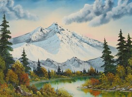 Bob Ross, Mountain Summit, ca 1987, niet uit tv-show. Collectie Tiqets (NL). ©Bob Ross Inc. Foto Peter Cox - beeld via persbericht MORE Bob Ross, Mountain Summit, ca 1987, niet uit tv-show. Collectie Tiqets (NL). ©Bob Ross Inc. Foto Peter Cox - beeld via persbericht MORE